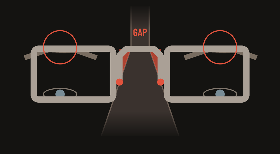 Diagram: a 19 mm bridge touches a wider nose at two points, leaves a gap and lifts the frame into the eyebrows